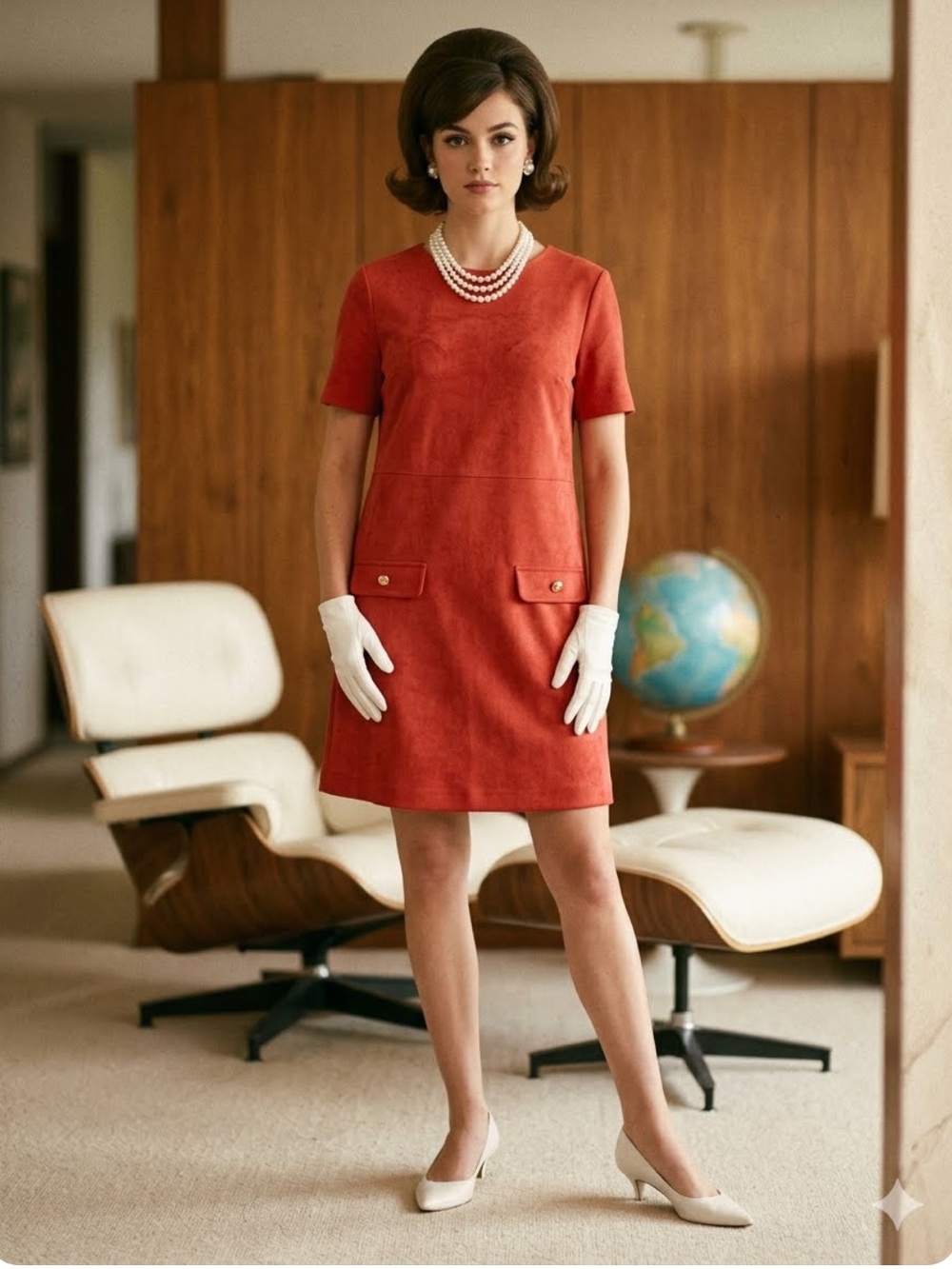 Zara Red Faux Suede Mini Shift Dress Gold Button Retro 60s Mod L